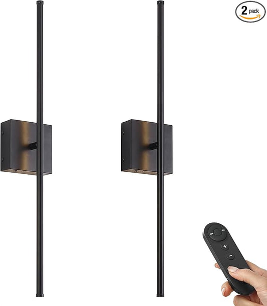 Battery Operated Wall Sconces with Remote Control, Dimmable Wall Sconces Set of Two, 350°Rotate, 3000K LED Black Wireless Wall Light for Living Room, Hallway, Bedroom, 24.4 Inch (2 Pack)