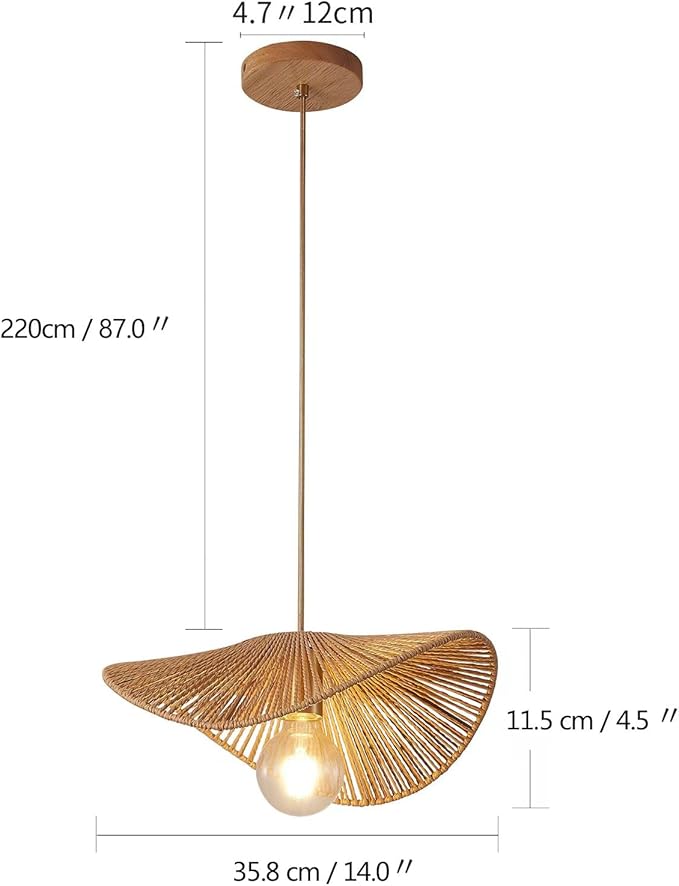 Boho Rattan Pendant Light Fixture Modern Style Hanging Light Bamboo Handwoven 1-Light Hanging Lamp for Farmhouse Bedroom Living Room Dining Room