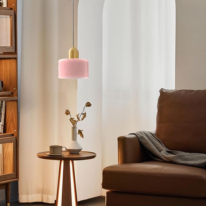 Modern Glass Pendant Light, E26 Hanging Light Fixture with Gold Metal Socket, Adjustable Cord Ceiling Lighting for Kitchen, Dining Room, and Bedroom (Pink)