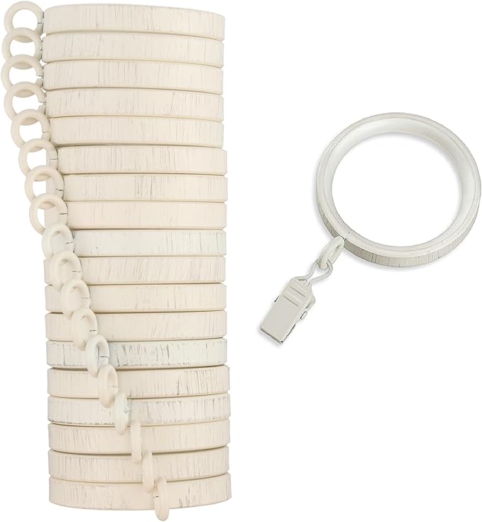 MODE Cambria Designer Series - Premium Easy Glide 18 Count Curtain Rings - Metal with Smooth, Quiet Nylon Inserts with Clips - 2 inch Diameter (1-5/8 inch Inside Diameter) - Weathered White