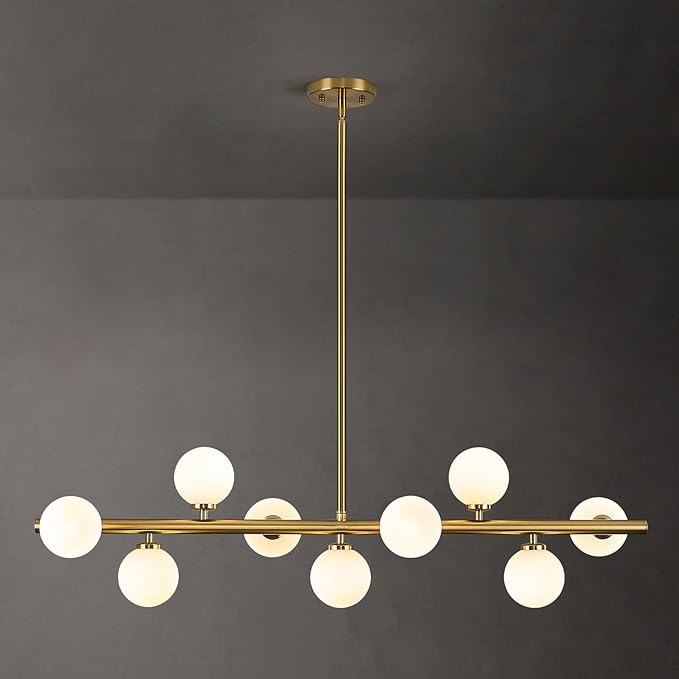 Mid Century Modern Globe Sputnik Chandelier, 9-Light Linear Chandeliers for Dining Room and Kitchen Island, Dining Light Fixture Over Table, Brass Gold and Milk White Glass Bubble, 40 Inch