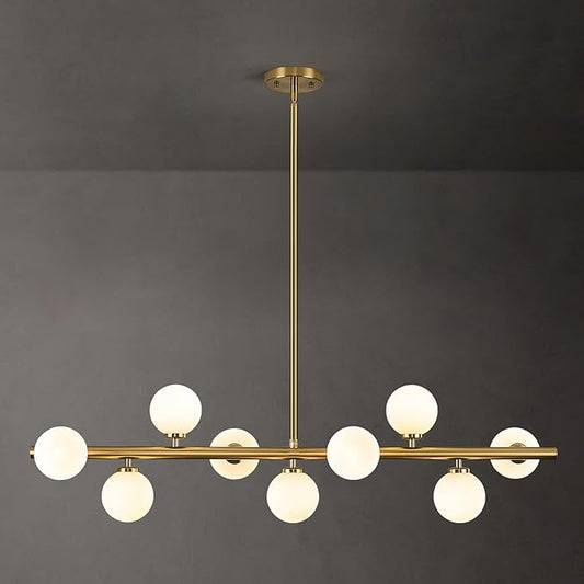 Mid Century Modern Globe Sputnik Chandelier, 9-Light Linear Chandeliers for Dining Room and Kitchen Island, Dining Light Fixture Over Table, Brass Gold and Milk White Glass Bubble, 40 Inch