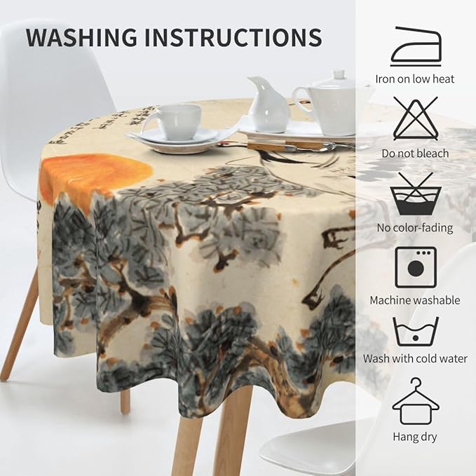 Japanese Tablecloth, Traditioanal Chinese Landscape Oriental Crane Vintage Ink Painting Water Resisitant Wipeable Table Cover for Dining Kitchen Living Room Home Party Holiday Decor 36 inch Round
