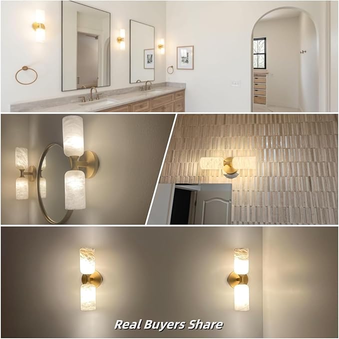 Alabaster Wall Sconce 14in Modern Spanish Natural Marble Bathroom Vanity Sconces, Antique Brass Sconces Wall Lighting, Gold Wall Light Fixtures Decor, For Bedroom Living Room Staircases Hallway