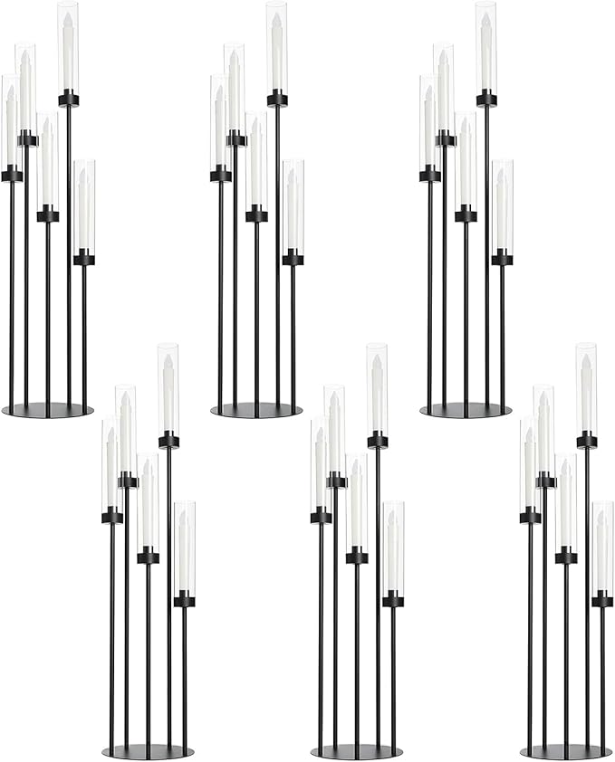 39.8''Matte Black Candle Holder with Acrylic Shades Tall 5 Arm Candelabra Black Table Centerpiece 6PCS for Wedding Living Dining Room Fireplace Decoration Fit 0.98''LED Taper Candle