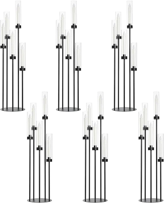 39.8''Matte Black Candle Holder with Acrylic Shades Tall 5 Arm Candelabra Black Table Centerpiece 6PCS for Wedding Living Dining Room Fireplace Decoration Fit 0.98''LED Taper Candle