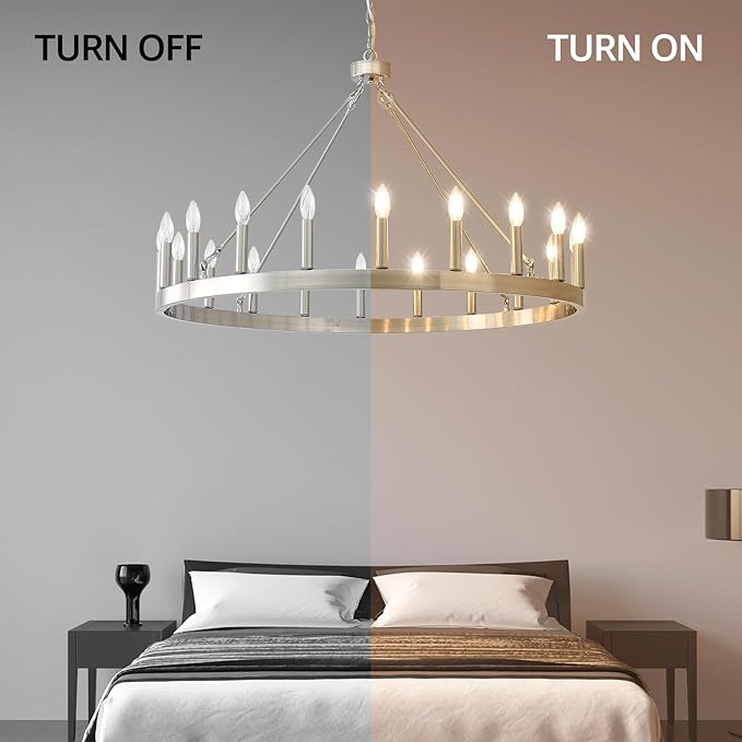 Silver Wagon Wheel Chandelier 40”, Farmhouse Brushed Nickel Chandelier for Dining Room 20-Light, Modern Round Living Room Chandeliers Light Fixture for Foyer, Entryway, E12