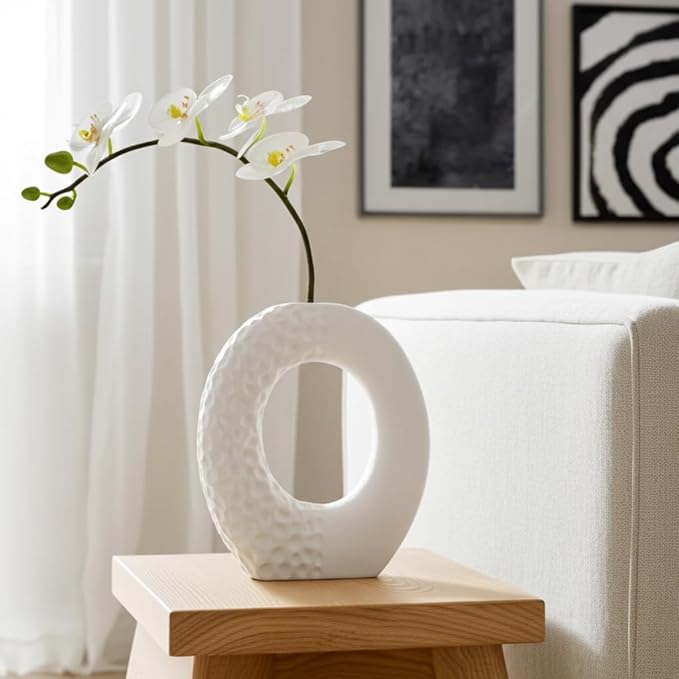 Modern Stoneware Vase with Rough Finish and Open Cut-Out – Contemporary Decorative Ceramic Flower Holder – Unique Home Decor Accent for Living Room, Bedroom, Office, or Dining Table –7", White