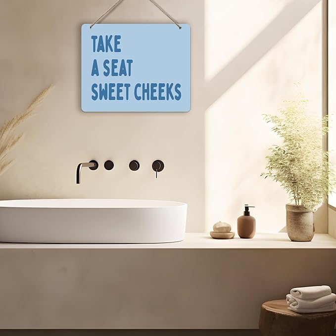 Udinaz Hot Blue Funny Sweet Cheeks Hanging Sign for Bathroom, Funny Bathroom Wall Decor, Take a Seat Sweet Cheeks Humorous Hanging Wood Plaque Decor for Bath Room Washroom Wall Door Decorations