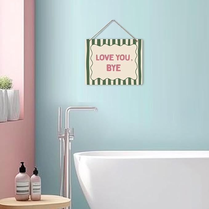Udinaz Love You Bye Hanging Sign, Girls Room Wall Decor, Trendy Preppy Green Striped Aesthetic Hanging Wood Plaque Decor for Girly Bedroom Dorm Apartment Wall Door Decorations