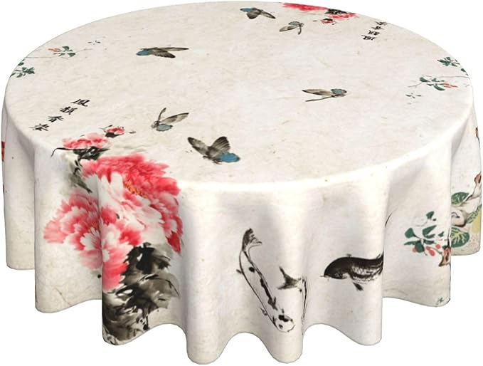 Chinese Tablecloth, Traditoanl Landscape Floral Oriental Koi Vintage Ink Painting Japanese Water Resisitant Table Cover for Dining Kitchen Living Room Home Party Holiday Decor 70 inch Round