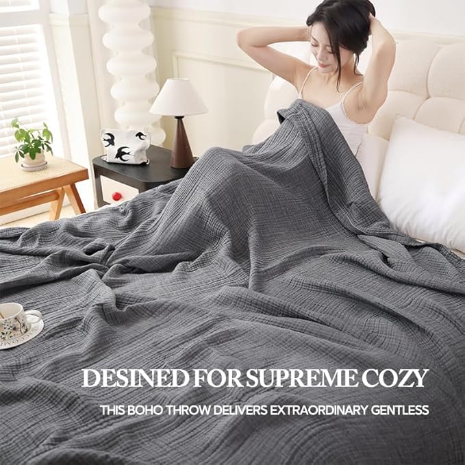 Boho Throw Blanket, 100% Cotton Ultra Soft Luxury Throw Rustic Quilt, Muslin Breathable Soft Bed Throw ，All Throw for Sofa Couch Chair 60×80 Inch (Grey Cotton Blanket 80x90 Inch, 80x90 Inch)