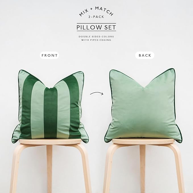 MONDAY MOOSE Decorative Throw Pillow Covers Cushion Cases, Set of 2 Soft Velvet Striped Piping Edge Designs, Pillow Inserts Not Included (Green/Light Green, 22x22 inch)