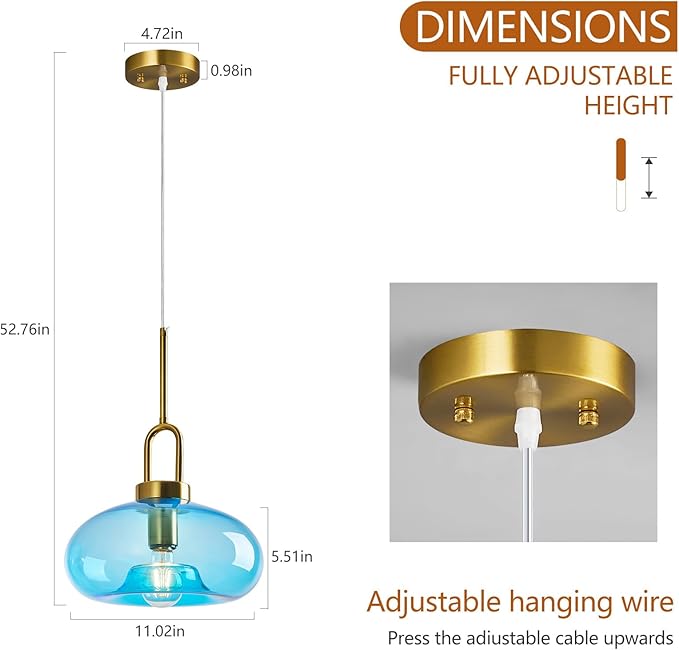 Light Blue Glass Pendant Lights Kitchen Island Gold Pendant Light Fixtures Adjustable Height Modern Pendant Lighting for Bedroom Dining Room (1-Pack)
