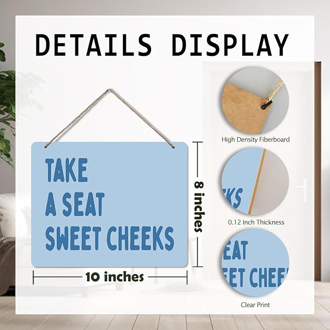 Udinaz Hot Blue Funny Sweet Cheeks Hanging Sign for Bathroom, Funny Bathroom Wall Decor, Take a Seat Sweet Cheeks Humorous Hanging Wood Plaque Decor for Bath Room Washroom Wall Door Decorations