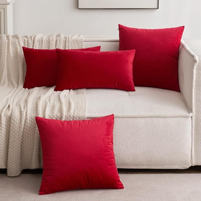 MIULEE 24x24 Inch Euro Sham Velvet Pillow Covers, Set of 2 Large Square Christmas Decorative Pillows -Red Super Soft for King Bed, Sofa, Couch, Accent Chairs