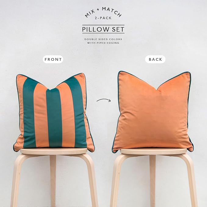 MONDAY MOOSE Decorative Throw Pillow Covers Cushion Cases, Set of 2 Soft Velvet Striped Piping Edge Designs, Pillow Inserts Not Included (Coral/Dark Teal, 20x20 inch)