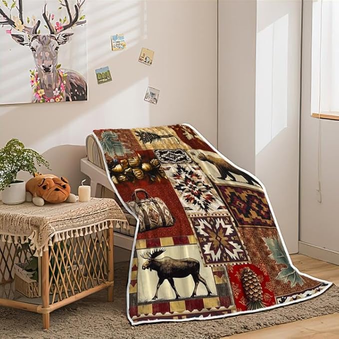 Rustic Cabin Throw Blankets, Farmhouse Country Vintage Bear Moose Wood Cozy Warm Bed Couch Blanket, Hunting Camping Forest White Fleece Flannel Throws to Decorate The Room and Bedroom