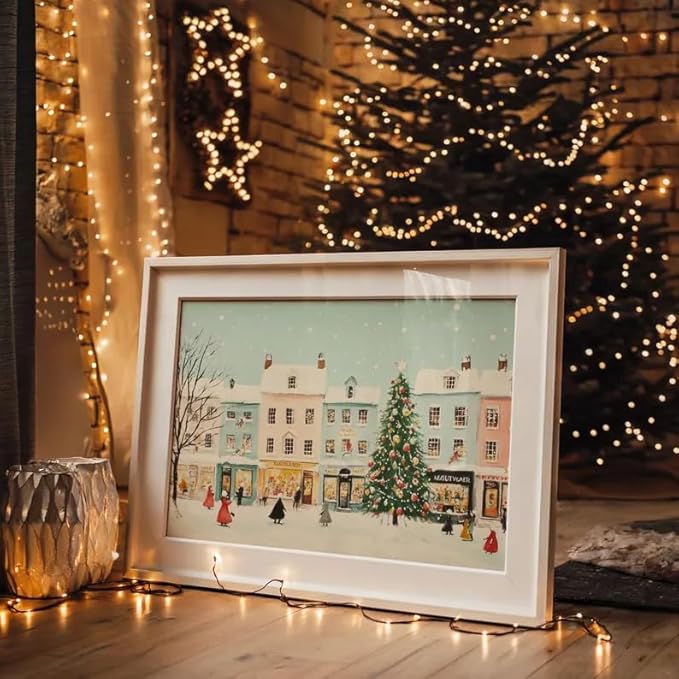 OZCONO Snowy Christmas Village Art Print for Winter Home Decor, Festive Holiday Town Scene Wall Art, Farmhouse Christmas Decoration, Cozy Seasonal Interior Artwork (Unframed) (16x24)