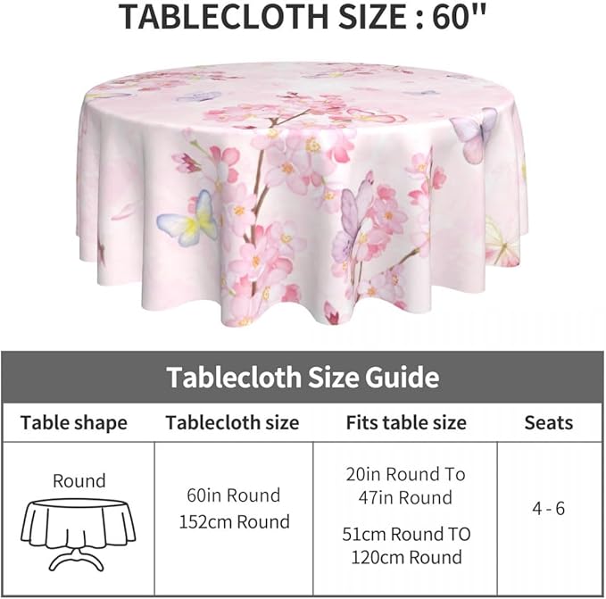 Cherry Blossom Tablecloth, Watercolor Pink Floral Butterfly Seasonal Farmhouse Water Resisitant Wipeable Table Cover for Dining Kitchen Living Room Home Party Holiday Decor 70 inch Round