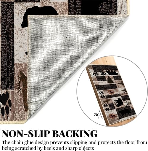 Rustic Lodge Runner Rug,2.6x7ft,Western Country Bear Elk Deer Wildlife Log Design,Forest Landscape Hunting Theme Rug,with Non Slip Backing Washable Rugs, Non Slip Pet Friendly Rug for Hallway