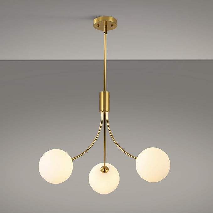 3-Light Gold Sputnik Chandeliers for Dining Room Light Fixture, Mid Century Hanging Modern Chandelier for Kitchen Island Foyer Entryway, Milk White Globe Glass Shade