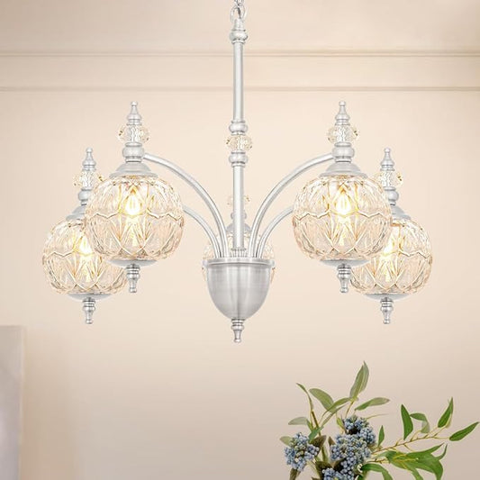 Vintage Brushed Nickel Chandelier - Adjustable Height Dining Room Light Fixture with Handcrafted Blown Glass - 5-Light E26 Base, Ideal for Kitchen, Entryway, Enhances Luxury Home Decor for Discerning