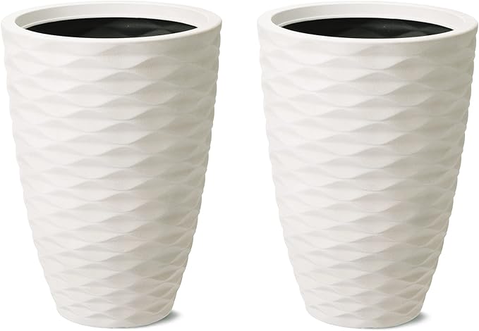 Glitzhome Set of 2 Outdoor Planter Polyresin Modern Decor Large Tall Gardening Containers Flower Pots, White