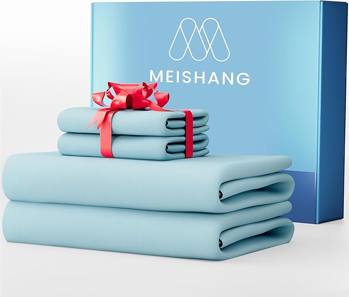 MEISHANG 1000 Thread Count Cotton Sheets King Size - 100% Egyptian Cotton, Sateen Weave, Soft & Breathable, Oeko-Tex Certified, 16" Deep Pockets - 4 Piece (King, Light Blue)
