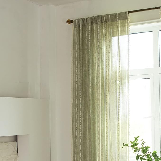 Sutuo Home Boho Curtain for Bedroom Living Room Nursery, Semi-Blackout French Country Farmhouse Vintage Linen Shabby Chic Tassels Hollow Window Treatment Bohemian Drape, 1 Panel 52" W x 72" L, Green