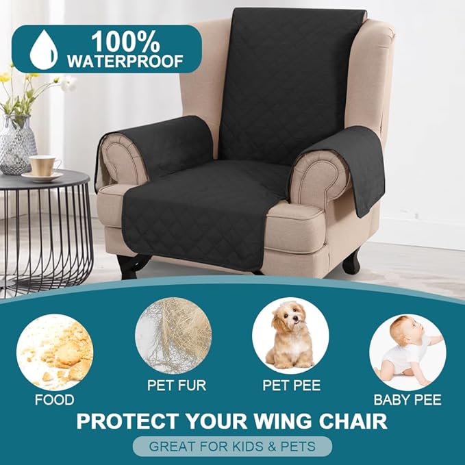 Turquoize 100% Waterproof Wing Chair Cover Wing Armchair Slipcovers Chair Couch Protector Triple Non-Slip Sofa Slipcover for Wing Chair Furniture Protector for Pets, Kids,Dog (Wing Chair, Black)