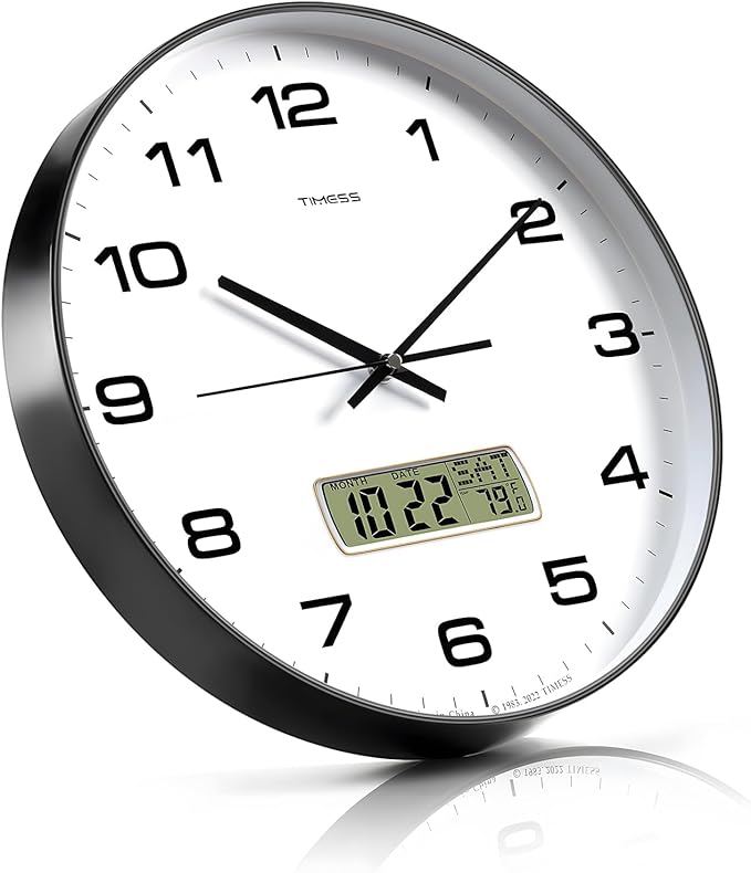 Wall Clock, 12" Dial Non-Ticking Silent Battery Operated Analog with LCD Display for Perpetual Calendar and F° Temperature, Ideal Modern Home, Bedroom, Kitchen, Office Decor (Black)