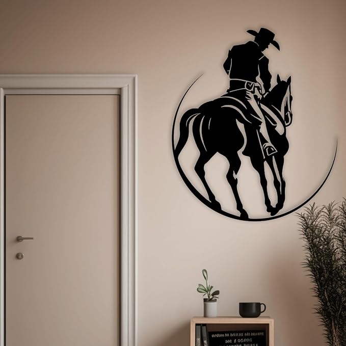 XXQ Metal Wall Art, Rustic Western Cowboy Metal Wall Decor Decorative Iron Sculpture for Bedroom Living Room and Outdoor Spaces (Black, 19" x 19")