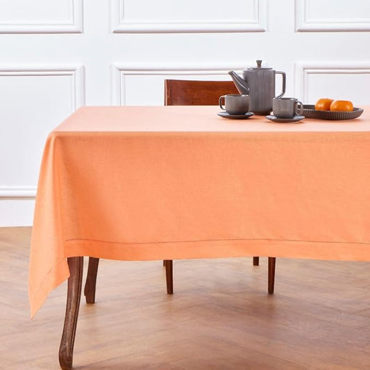 Solino Home Coral Linen Tablecloth 52 x 52 Inch - 100% Pure Linen Square Table Throw - Classic Hemstitch, Machine Washable Table Cloth