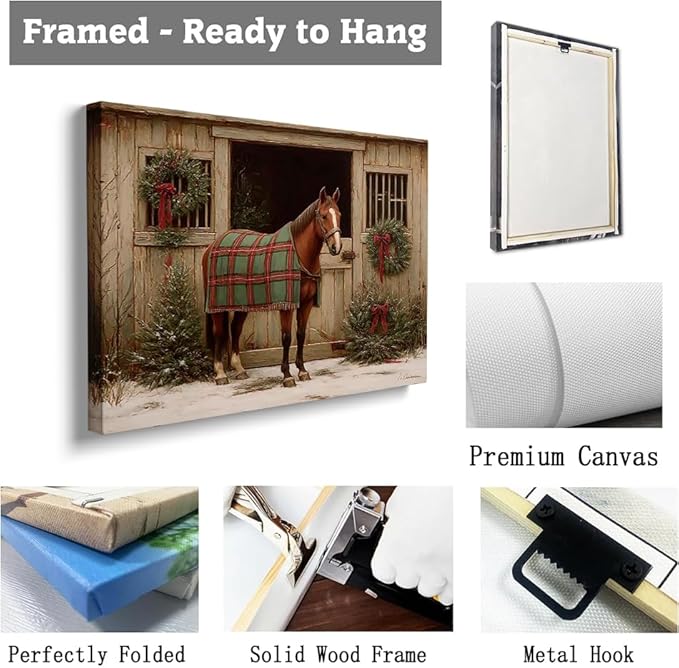 Rustic Christmas Horse Wall Art Prints,Country Holiday Farmhouse Decor,Winter Horse Print