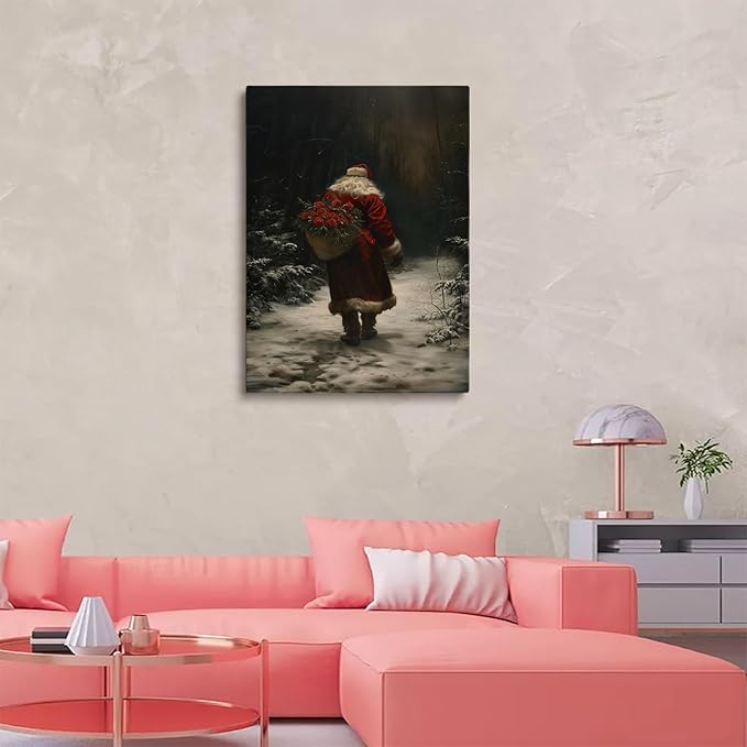 Dark Christmas Santa Wall Art Prints,Moody Christmas Holiday Decor,Moody Santa Claus with Roses,Dark Academia Christmas Print