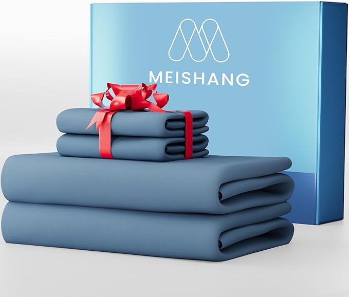 MEISHANG 1000 Thread Count Cotton Sheets King Size - 100% Egyptian Cotton, Sateen Weave, Soft & Breathable, Oeko-Tex Certified, 16" Deep Pockets - 4 Piece (King, Smoky Blue)