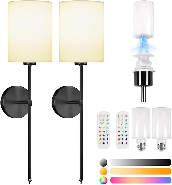 Battery Operated Wall Sconce Set of Two, Rechargeable Wireless Sconces with Dimmable Detachable Magnetic Bulbs and Remote, 15 Colors Wall Lights for Bedroom Living Room Hallway Fireplace