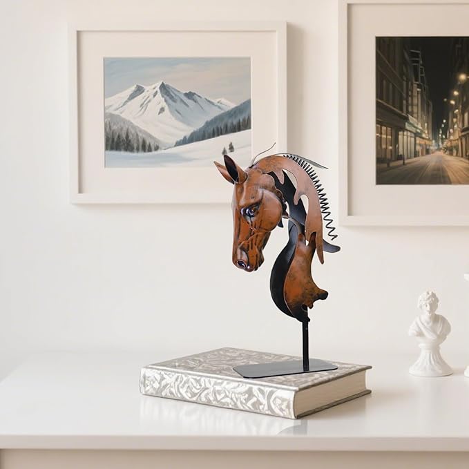Handmade Horse Statue - Unique Rustic Decor for Office & Home - Hand-Painted Metal Sculpture - Handmade Horses Figurines Gifts for Women/Men (Blue) (Brown)