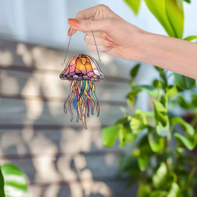 Jellyfish Ornaments Decor for Window Hanging, Jellyfish Lover Gifts for Women Men, Sea Animal Home Wall Room Decorations, Christmas 2D Flat Acrylic Ornamnet