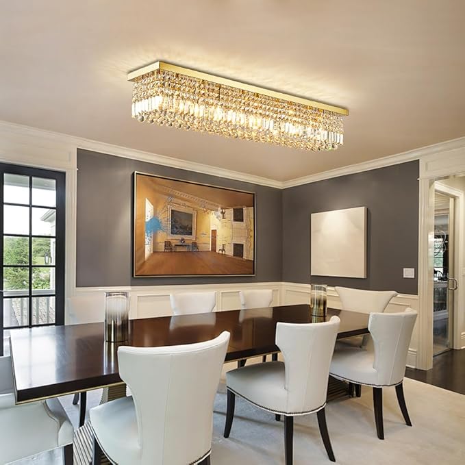 Siljoy Modern Crystal Chandelier 8 Lights Rectangular Gold K9 Crystal Raindrop Chandelier Flush Mount Pendant Ceiling Light Fixture for Dining Room Living Room Kitchen Island Bar 40 Inch