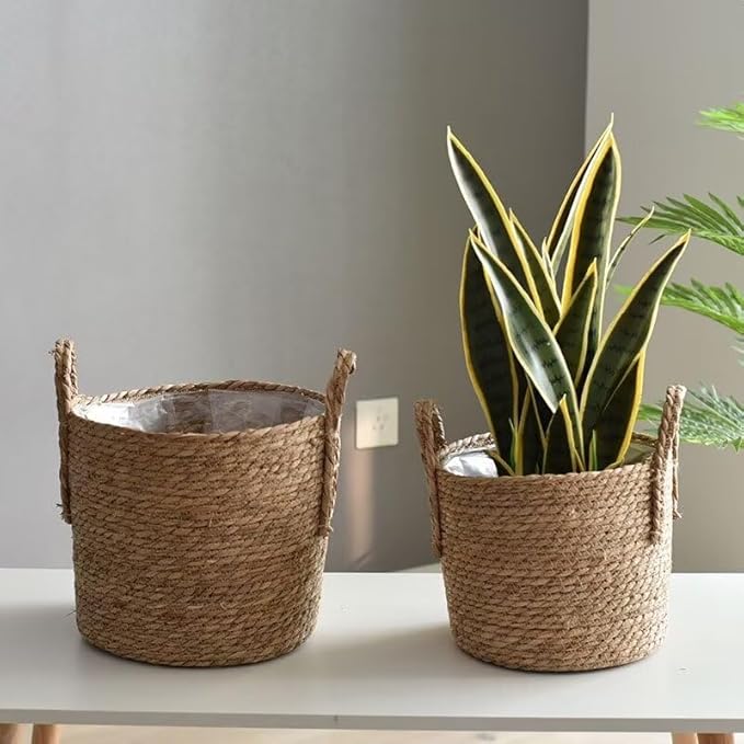 Kerio Seagrass Planter Basket Straw Plant Basket Woven Flower Plant Pot Plant Containers with Plastic Liner for Indoor Plants Laundry Room 7.9Inch