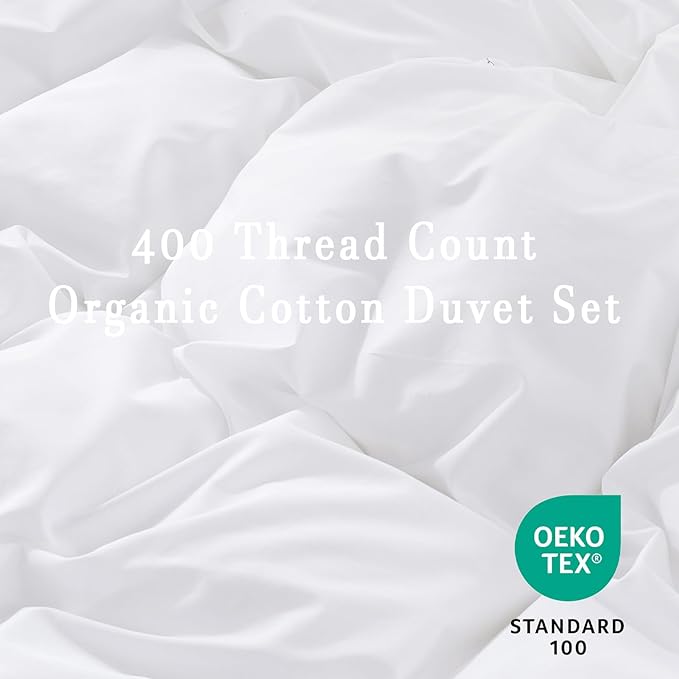 100% Organic Cotton Duvet Cover Queen Size 400 Thread Count Sateen Comforter Cover Soft and Breathable Cooling Bedding Set 3 Piece（White,Queen）