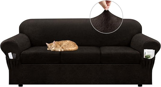 Sofa Slipcover with Armrest Pockets 4-Piece Set, Stretch Faux Leather Couch Cover for 3-Cushion Couches(Fits 72-92") - Non-Slip, Machine Washable, Pet & Kid Friendly - Coffee