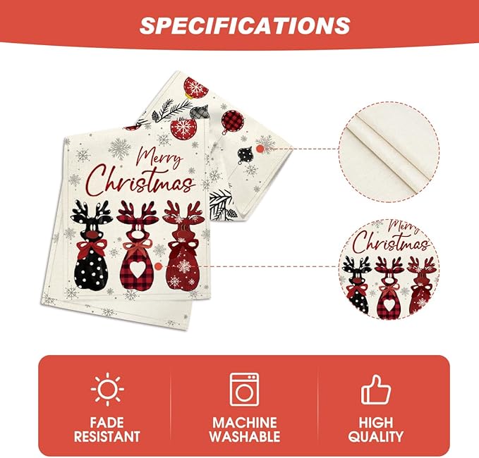 Artoid Mode Red Deer Snowflakes 210 GSM Merry Christmas Table Runner, Seasonal Winter Kitchen Dining Table Decoration for Home Party Decor 13x72 Inch