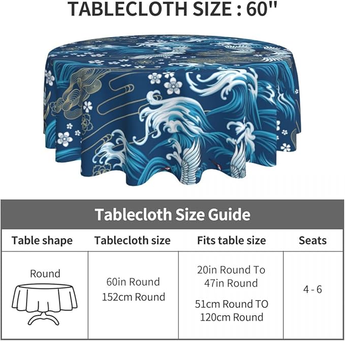 Japanese Tablecloth, Blue Traditioanal Chinese Landscape Great Waves Oriental Vintage Cherry Blossom Water Resisitant Table Cover for Dining Kitchen Living Room Home Party Holiday Decor 70 inch Round