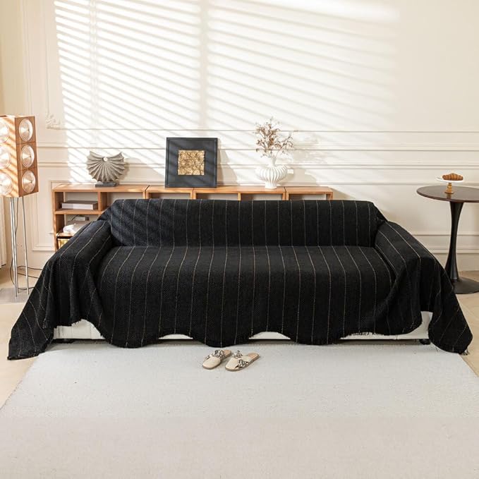 ROOMLIFE Black Couch Cover Sofa Covers, Chenille Couches Covers for 3 Cushion Sofas, Non Slip Soft Breathable Sofa Slipcovers for Pet, Washable Furniture Protector with Tassel,71''X134”