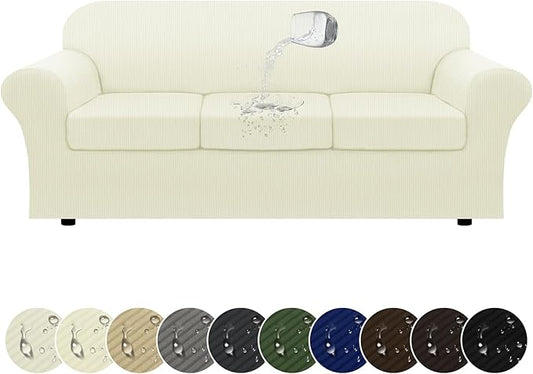 100% WaterproofCouch Cover 4-Piece Set Striped Sofa Slipcovers for 3 Cushion Couch Sofa Covers with TPU Leakproof Bottom Stretch Couch Protector Pet Proof - Sofa(3-Cushion), Ivory