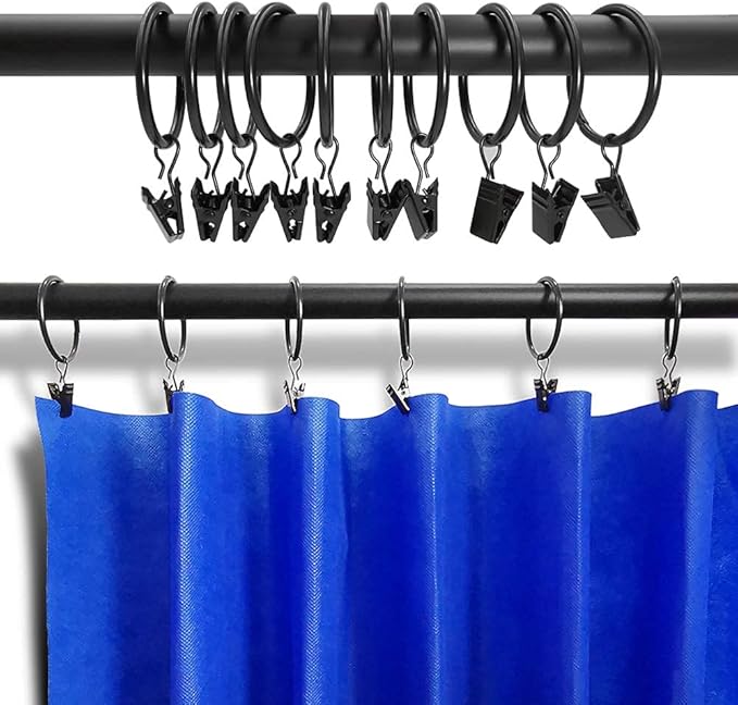 60 Pack Metal Curtain Rings with Clips, Curtain Clip Rings Hooks for Hanging Drapery Drapes Bows, Curtain Rod Rings 1.5 inch Interior Diameter, Black