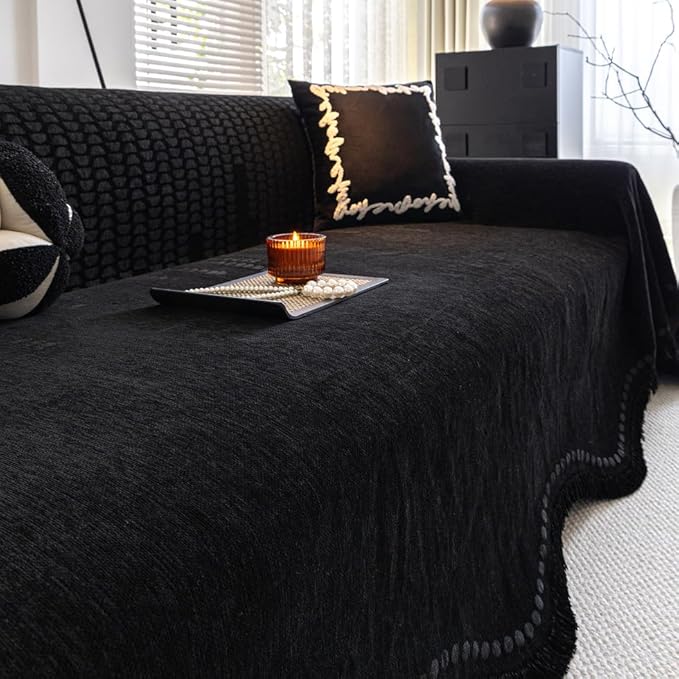 ROOMLIFE Black Couch Cover Sofa Covers, Chenille Couches Covers for 3 Cushion Sofas, Non Slip Soft Breathable Sofa Slipcovers for Pet, Washable Furniture Protector with Tassel,71''X134”